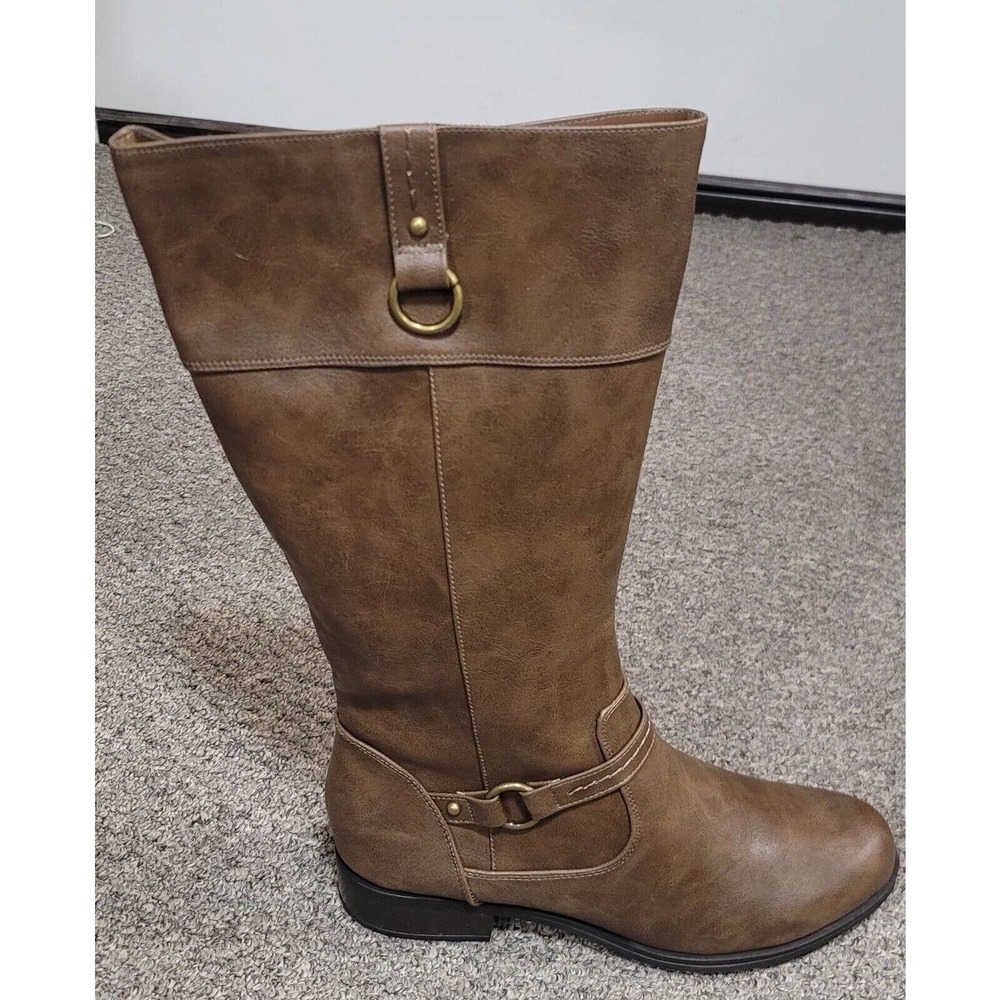 Solanz Gwen Tall Brown Belted Buckle Zip Riding Boots Women's Size 11M
